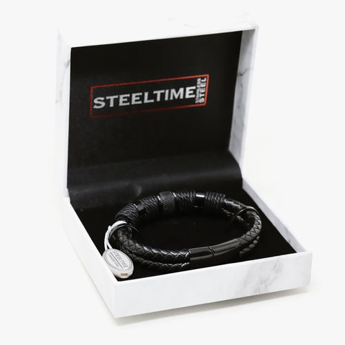 Pulsera de acero inoxidable y cuero negro para hombre