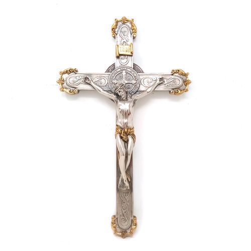 Crucifijo a pared con medalla san benito níquel bronce 38 cms