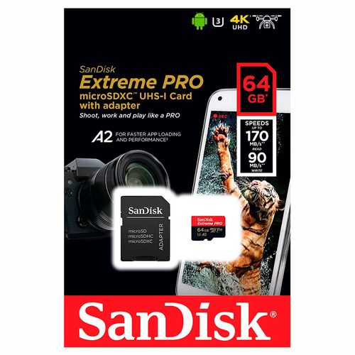 Sandisk extreme pro 64gb microsdxc con cámara sd adap act / drones c10 a1 uhs-1 u3 v30 170mb / s