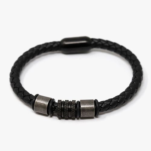 Pulsera de acero inoxidable y cuero negro  para hombre