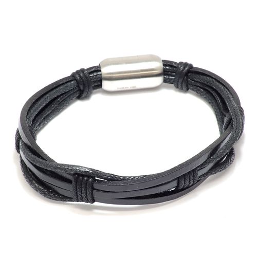 Pulsera de cuero y acero inoxidable negro para hombre