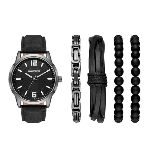 Set de reloj Skechers análogo cuero negro con pulseras varias para hombre