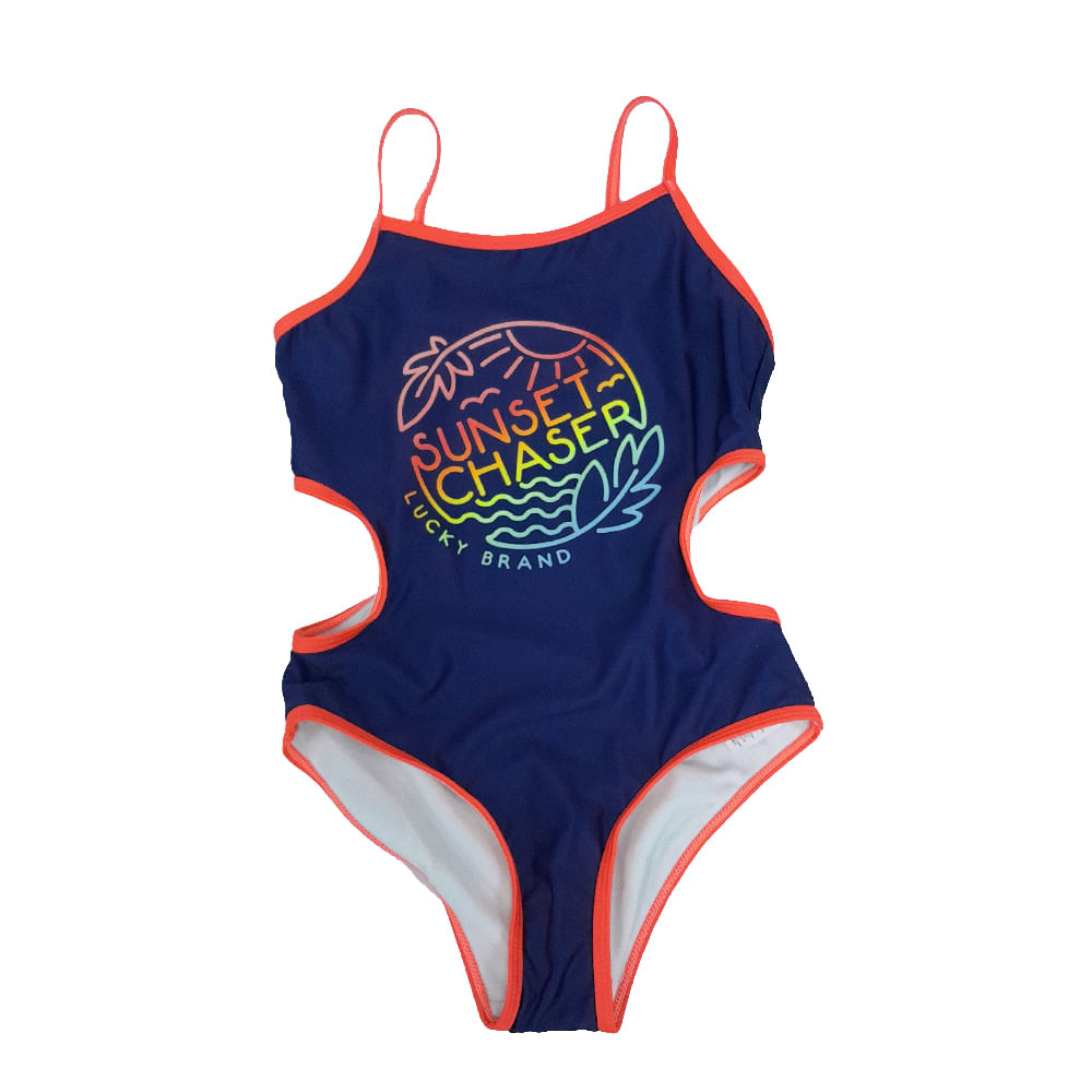 Traje de baño 1 pieza azul con estampado para niña