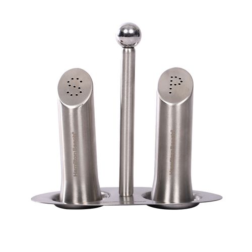 Set 2 piezas salero y pimentero en rack de acero inoxidable