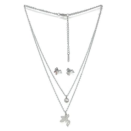 Set de aretes y cadena doble con dijes de acero plateado para mujer