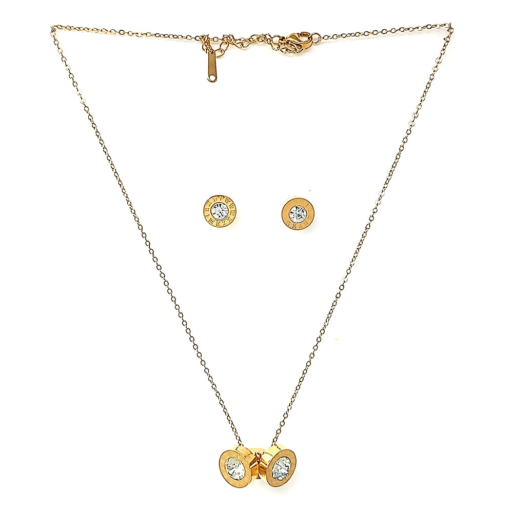 Set de aretes y cadena con dije de acero dorado para mujer