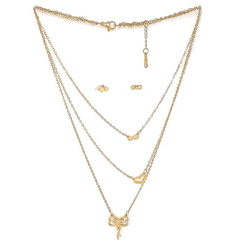 Set de aretes y cadena triple con dijes de acero dorado para mujer