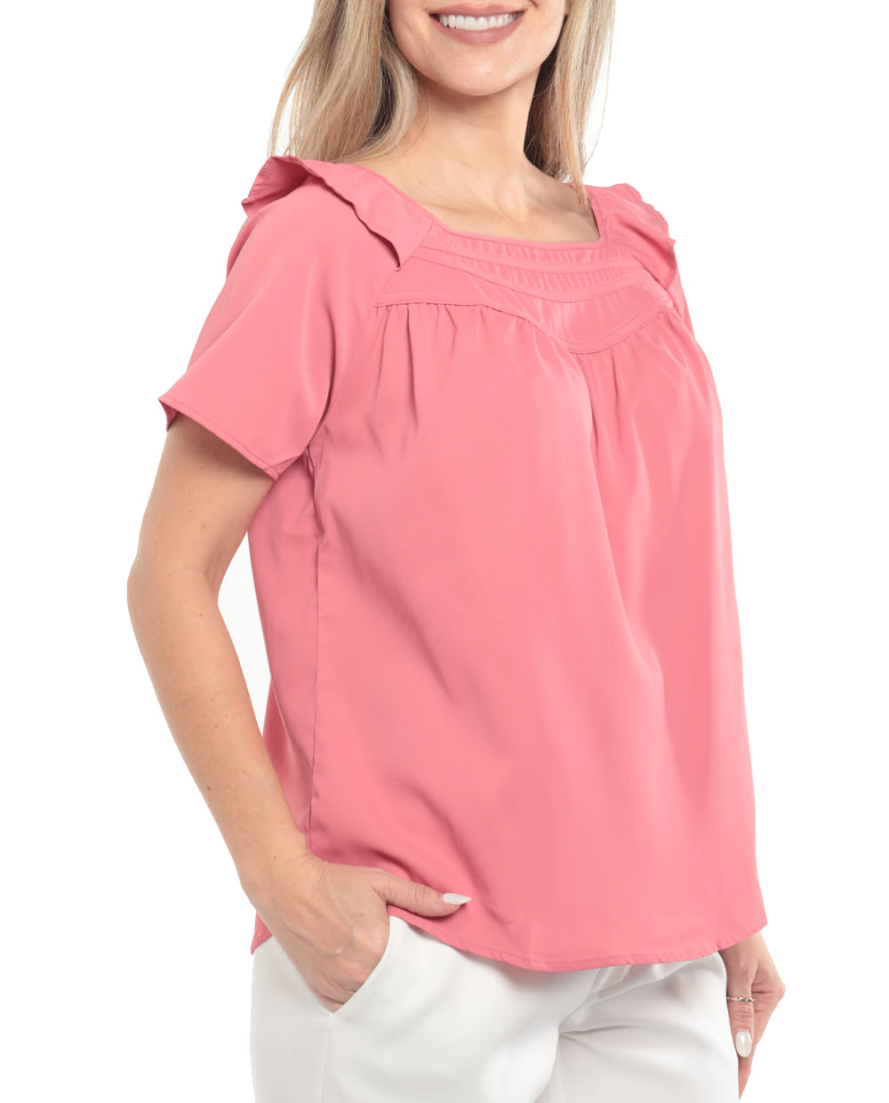 Blusa Sabrina Formal Rosada Manga Corta Para Dama