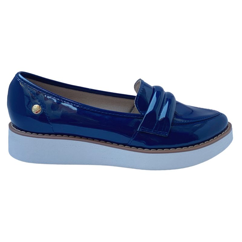 Zapato Mocasin casual suela blanca Selene charol color azul marino