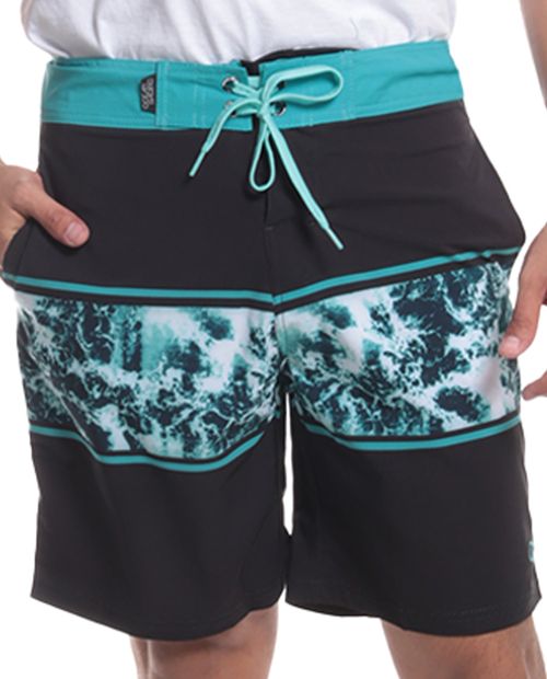 Calzoneta de baño negro y aqua color blocking de olas para hombre