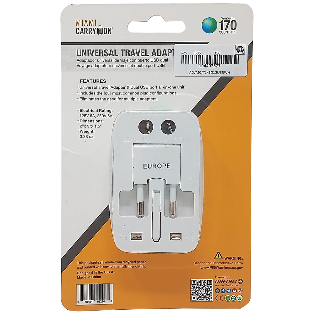 Adaptador universal de viaje con 2usb miami carry on