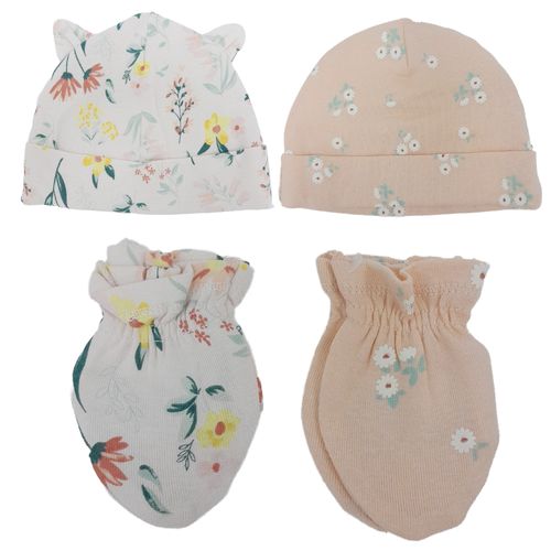 Set de 2 gorros y 2 guantes bicolor con estampado de flores para bebé niña