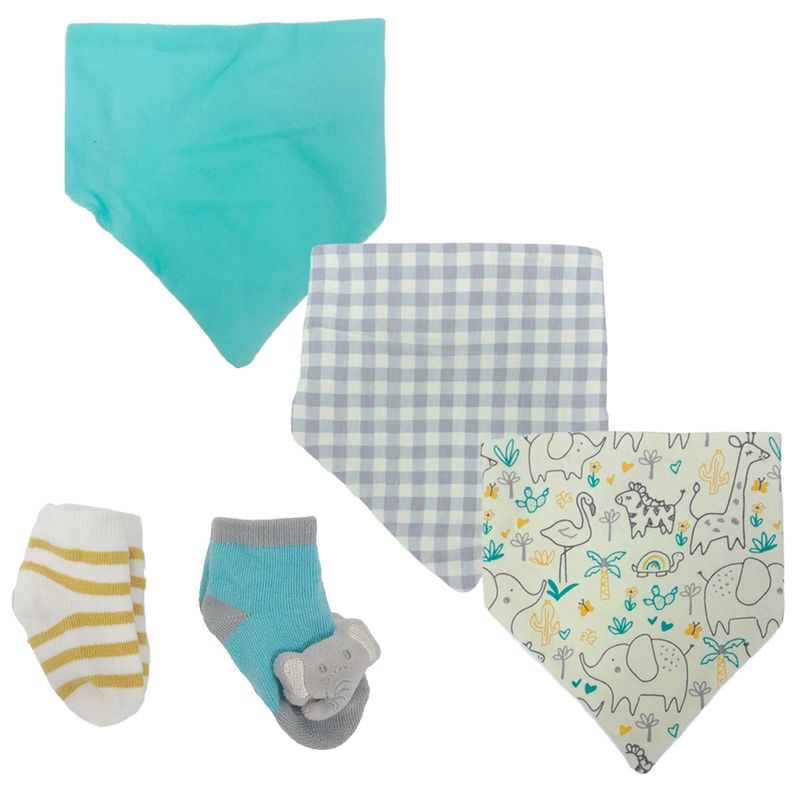 Set-de-3-saliveros-y-2-pares-calcetines-multicolor-con-estampado-de-animalitos-para-bebe-niño