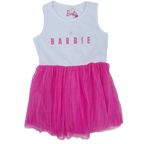 Vestido bicolor con estampado de barbie para niña