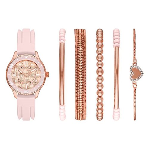 Set de reloj Skechers análogo rosado resina con pulseras varias para mujer