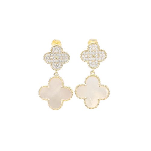 Aretes largos nes con forma de trebol blanco de plata en dorado para mujer