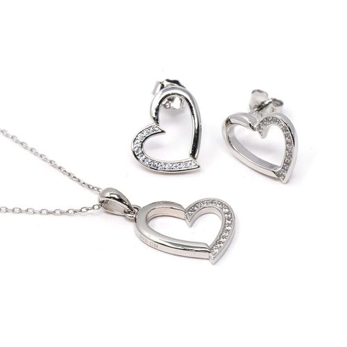 Set de cadena con dije de corazón y aretes de plata en plateado para mujer