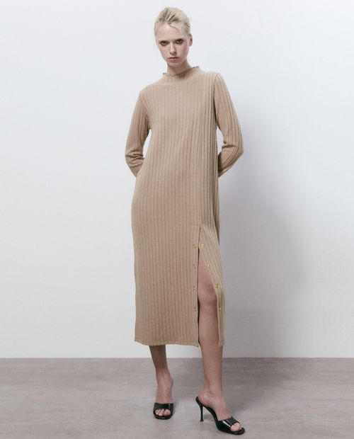 Vestido Sfera midi beige manga larga para mujer