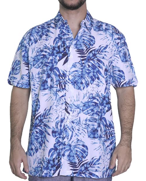 Cubavera Camisa casual blanco y azul estampado tropical para hombre