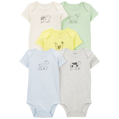Set de 5 mamelucos multicolor con estampado de animalitos para bebé niño