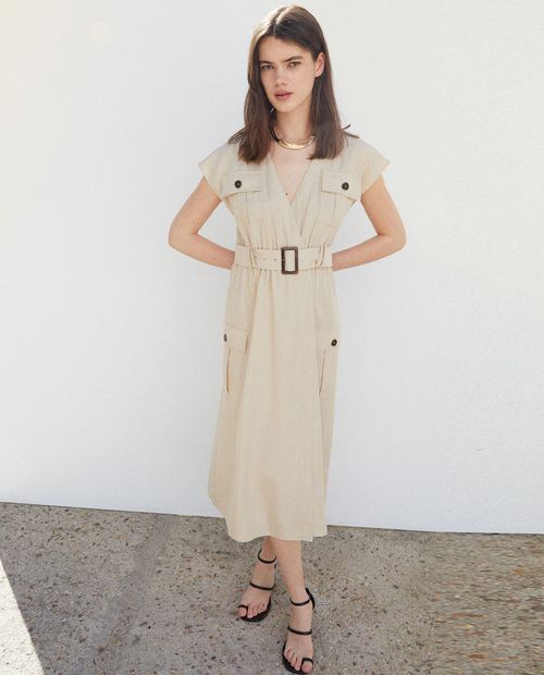 Vestido Sfera midi beige manga corta para mujer