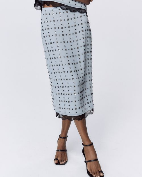 Falda Sfera midi celeste de cintura alta para mujer