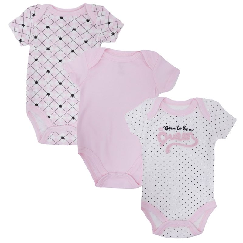 Set de 3 mamelucos bicolor con estampado para bebe nina