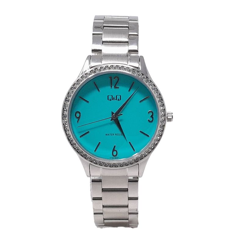 Reloj Q Q analogo de metal plateado para mujer