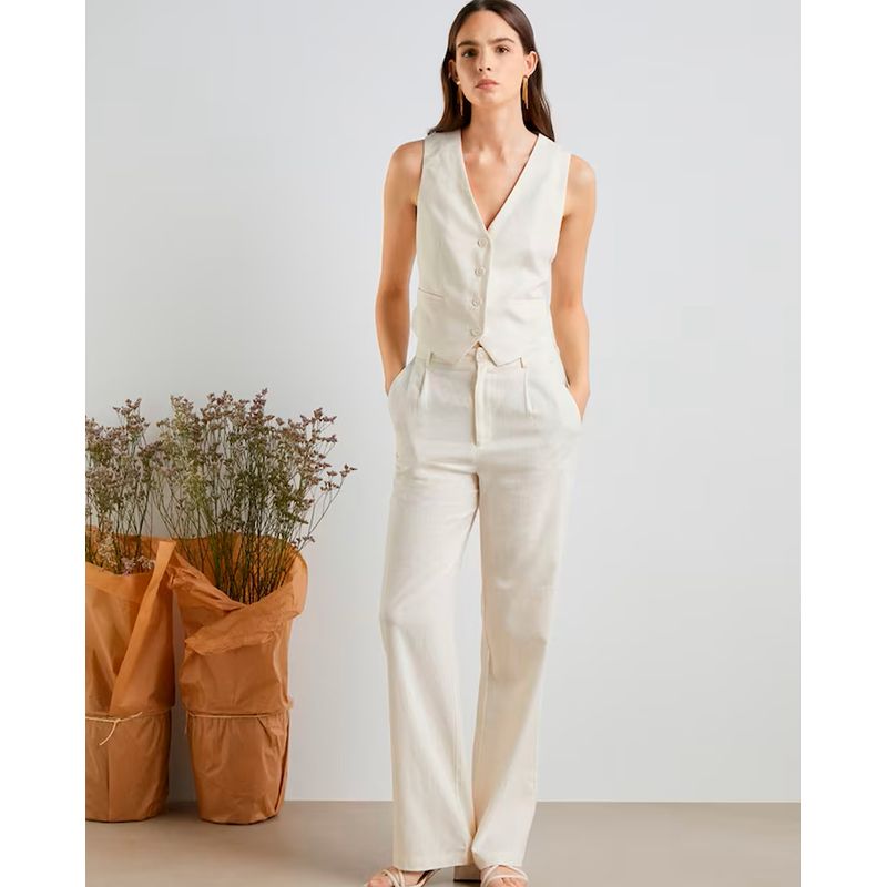 Pantalon Easy Wear straight beige de cintura alta para mujer