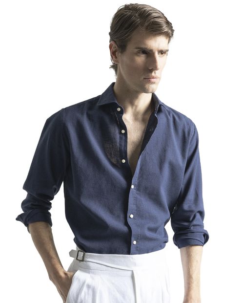 Camisa casual Puro Ego slim fit navy sólida para hombre