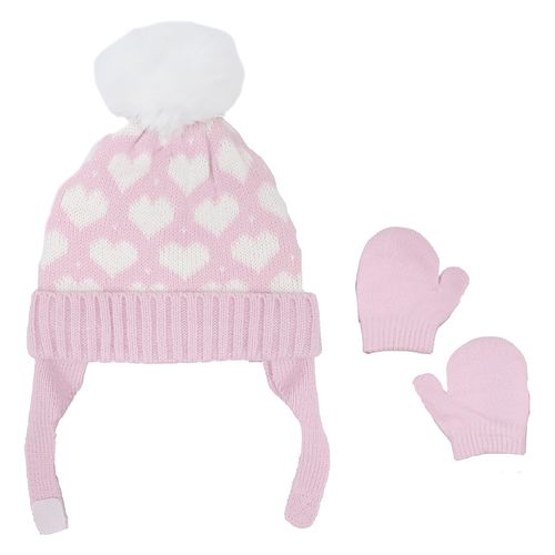 Set de gorrito y guantes rosados con estampado de corazones para bebé niña