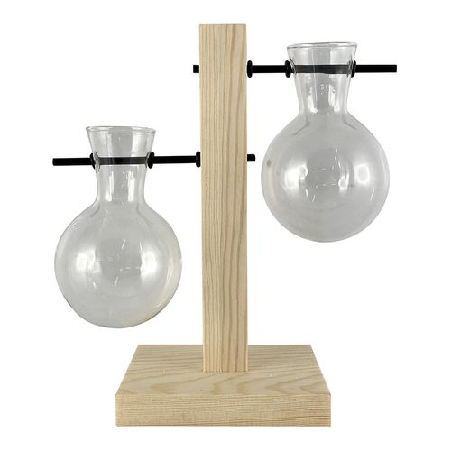 Florero decorativo de 2 botellas con soporte de madera 20x23 cm