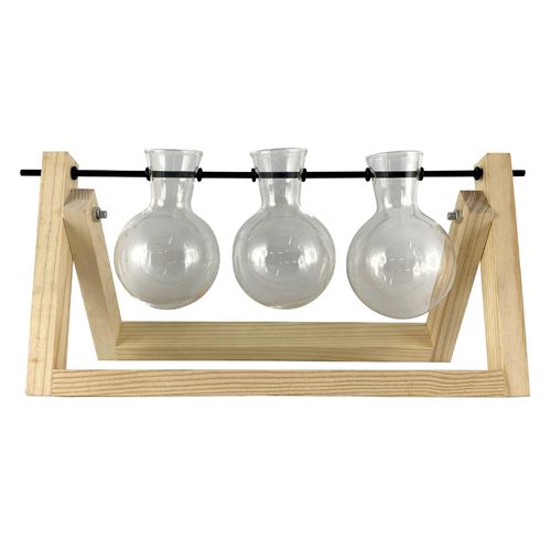 Florero decorativo de 3 botellas con soporte de madera 14x28 cm