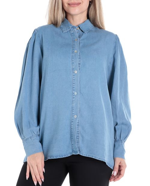 Blusa Sabrina camisera celeste manga larga para mujer