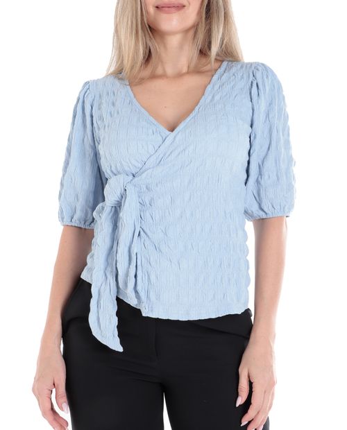 Blusa Sabrina formal celeste manga 3/4 para mujer