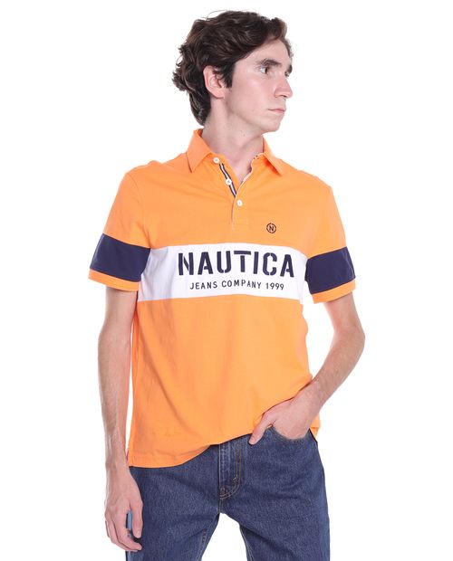 Camisa polo Nautica Jeans Co. naranja color block para hombre