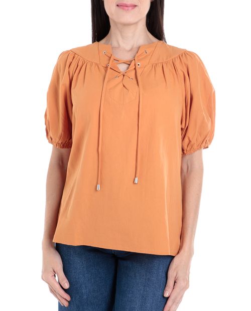 Blusa Sabrina casual anaranjada mangas 3/4 para mujer