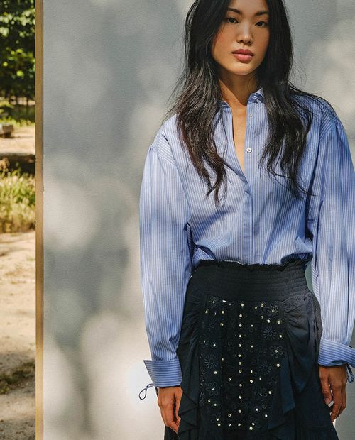 Falda Sfera línea A azul de cintura alta para mujer