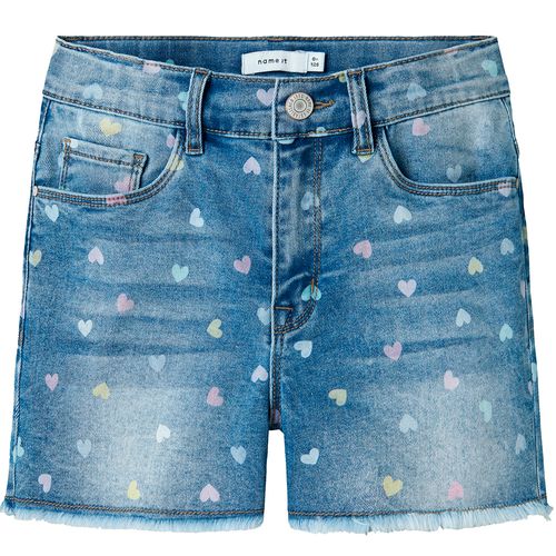 Short denim azul con estampado de corazones para niña