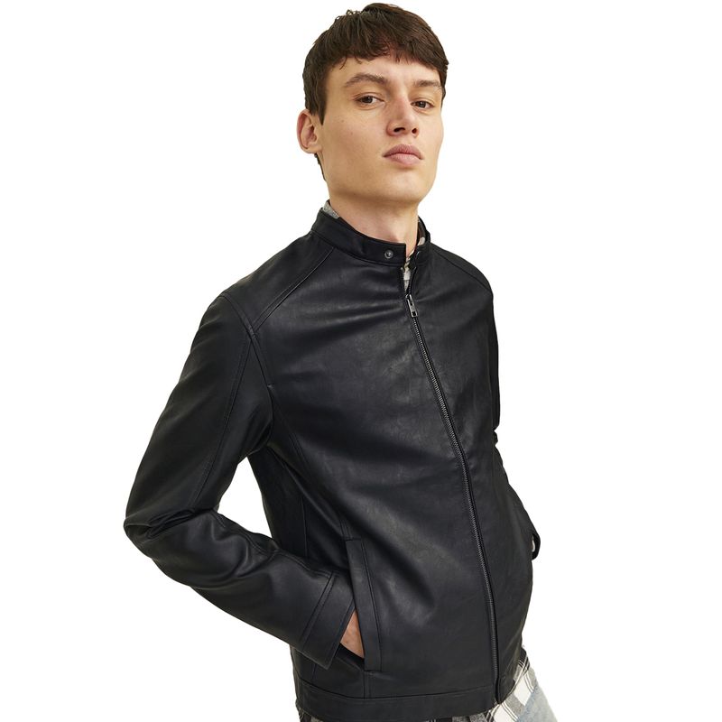 Chaqueta biker Jack Jones negra con textura para hombre