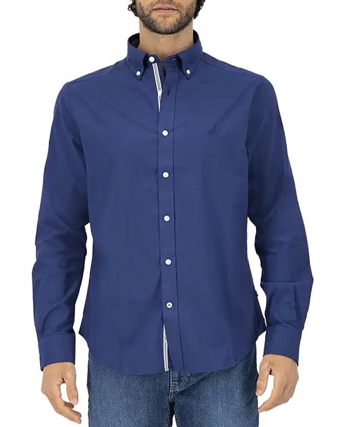 Camisa casual Nautica regular fit azul navy sólida para hombre