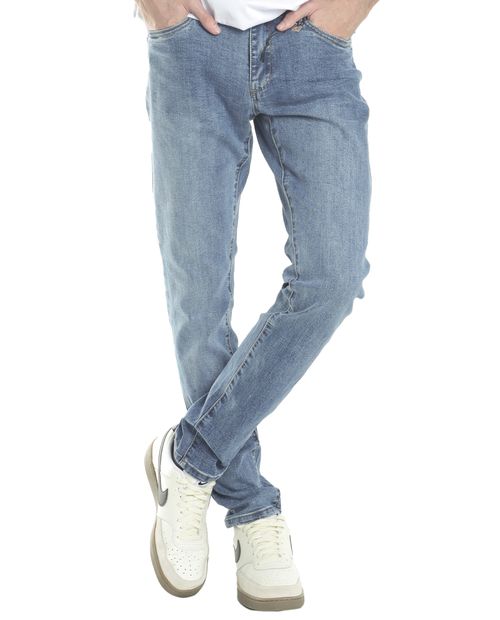 Jeans denim medio azul corte slim naranja para hombre