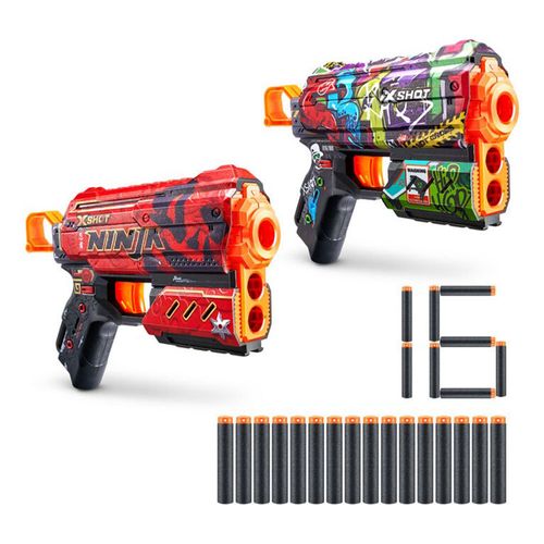 Zuru X-Shot Lanzador Skins Flux Set Doble Lanzador Skin Ninja - Skin Graphitti Incluye 16 Dardos