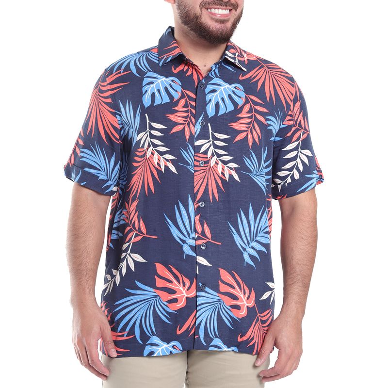Camisa Cubavera classic fit azul con estampado de hojas para hombre