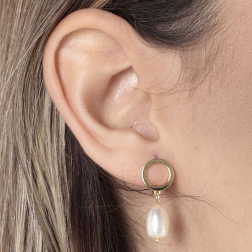 Aretes largos con perla de plata color dorado para mujer