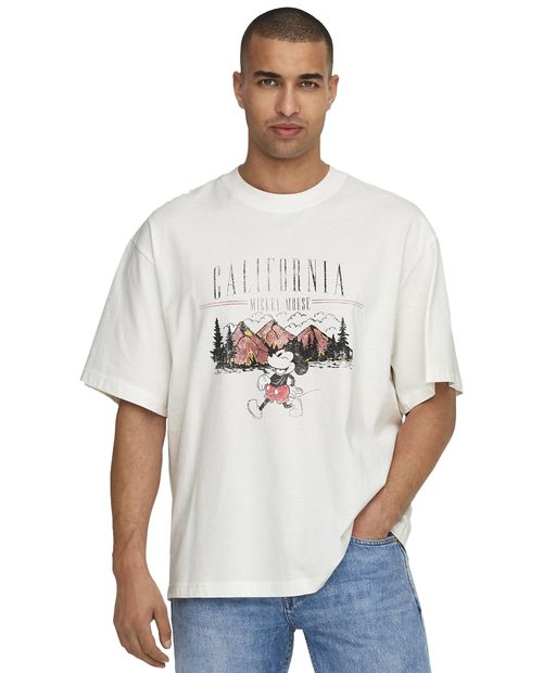 Camiseta Only & Sons relaxed fit blanca con estampado de Mickey Mouse para hombre