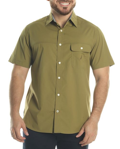 Camisa casual Nautica verde olivo sólida para hombre