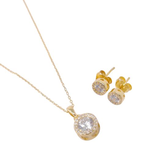 Set de aretes y cadena con dije de plata en dorado para mujer