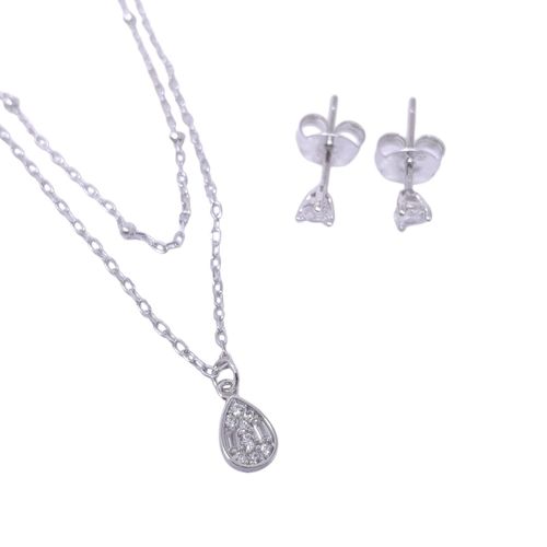 Set de aretes y cadena doble de plata plateado para mujer