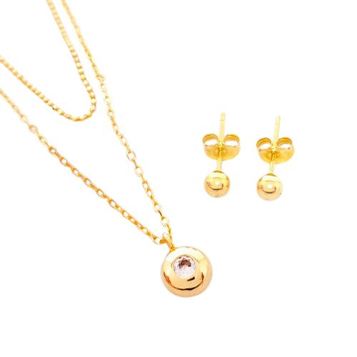 Set de aretes y cadena de plata con baño de oro 2mm- 16" para mujer